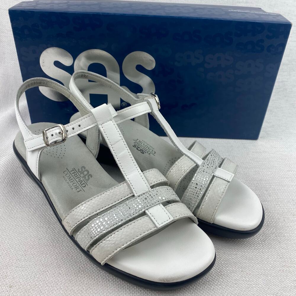SAS Capri Slingback T-Strap Open Toe White Shimmer Sandals Women's 7.5N